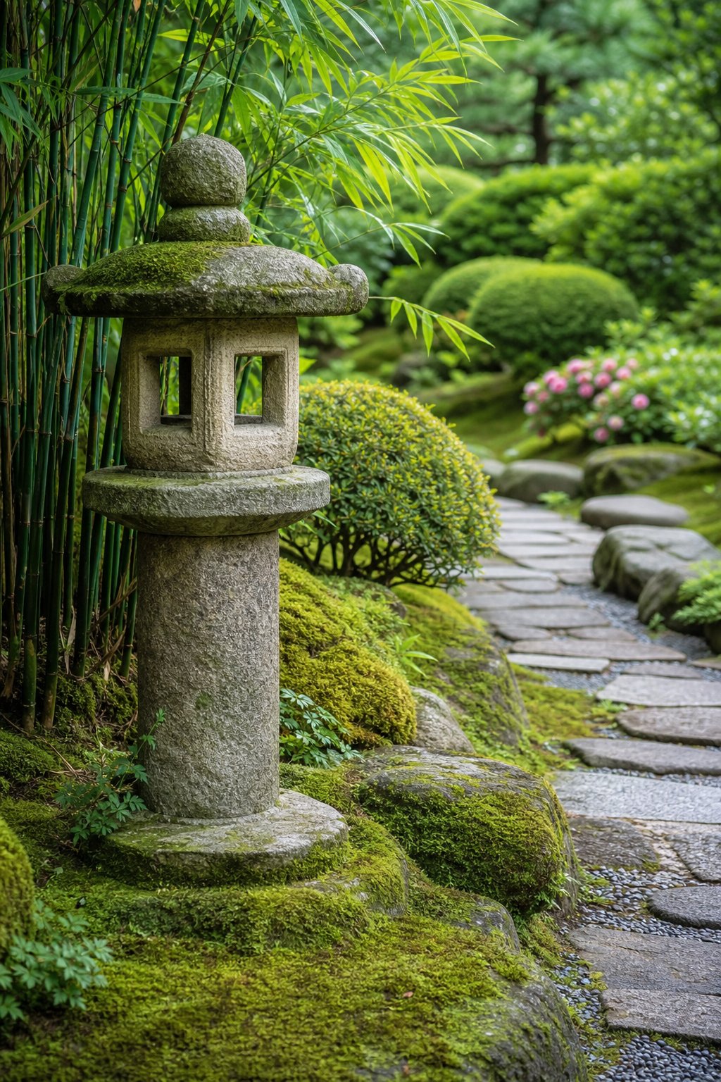 A traditional Japanese stone lantern beside a garden path surrounded by green plants and moss.