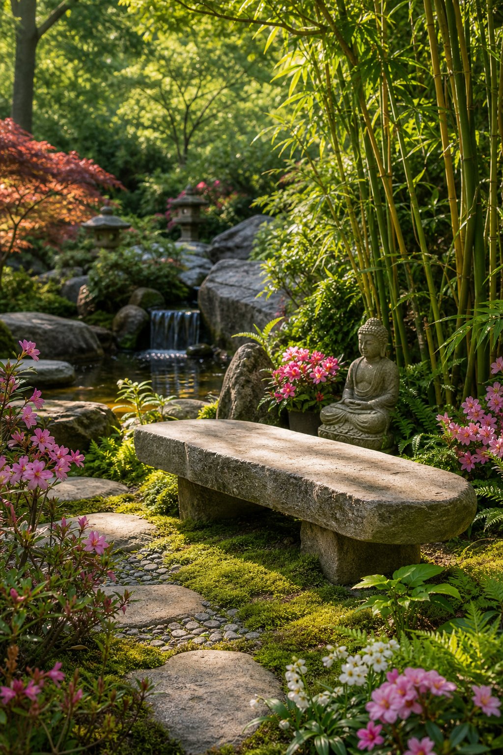 A natural stone bench in a peaceful garden surrounded by plants, flowers, and small Buddha-inspired statues.