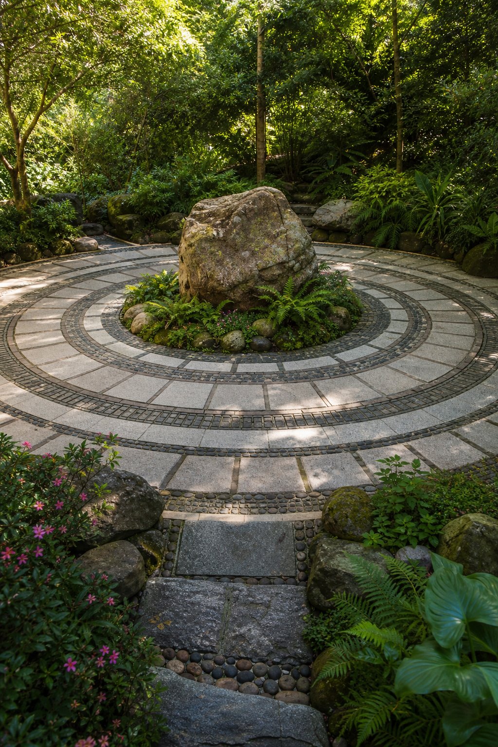 A large rock surrounded by a circular stone walking path in a peaceful garden with plants and trees.
