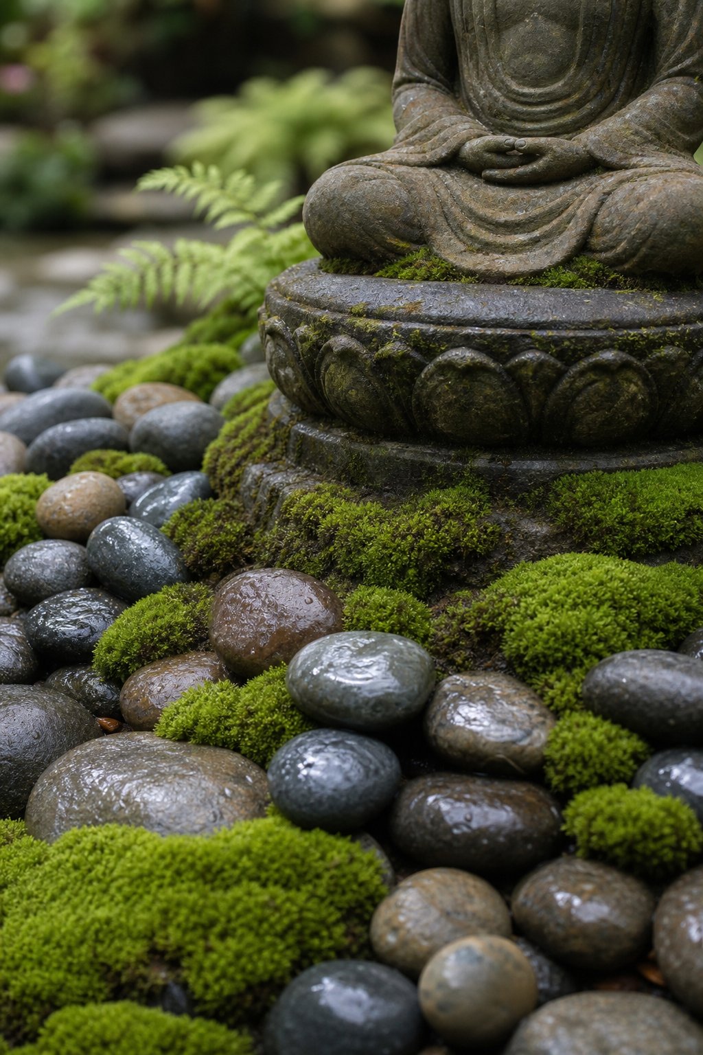 Buddha statue base surrounded by layered river rocks and green moss in a garden setting.