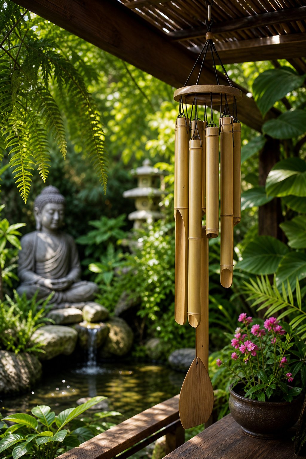 Bamboo wind chimes hanging in a shaded garden corner with green plants and a Buddha statue in the background.