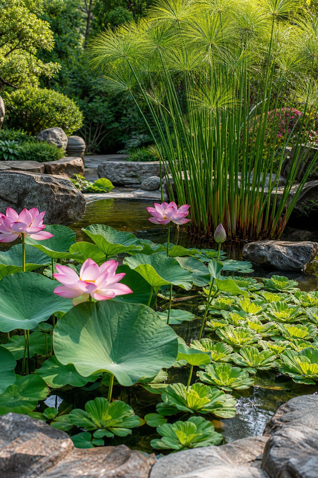 A garden pond with lotus flowers, water lettuce, and papyrus plants surrounded by greenery.