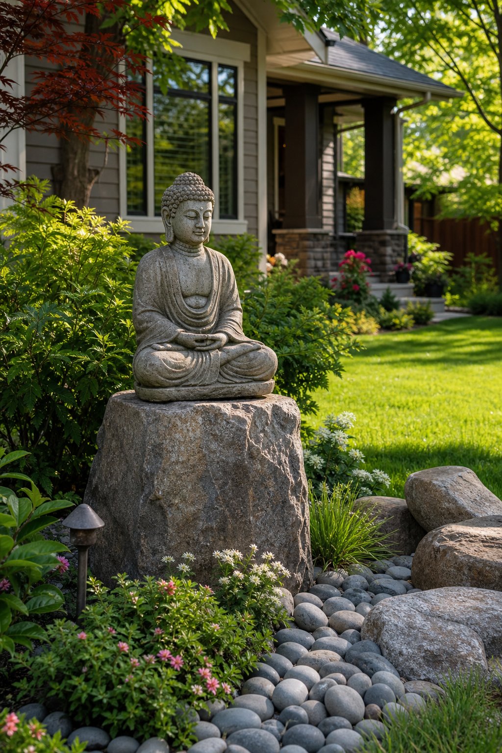 A small Buddha statue on a stone pedestal surrounded by plants and rocks in a front yard garden.