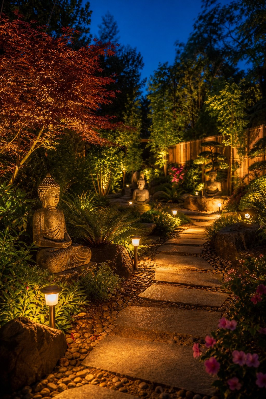 A peaceful garden at dusk with warm solar path lights and uplighting illuminating Buddha statues and surrounding plants along a stone walkway.