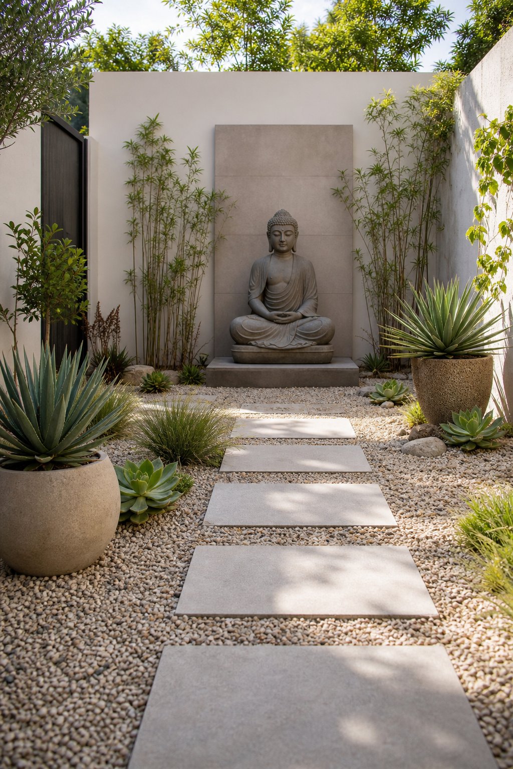 A peaceful courtyard garden with a Buddha statue surrounded by stone pavers, gravel, and low-maintenance plants.