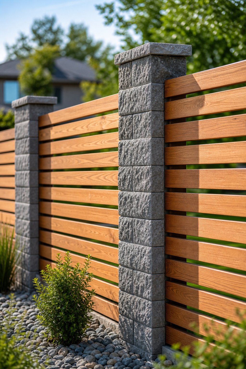 Horizontal cedar wood slat fence between gray split-face concrete block columns outdoors.