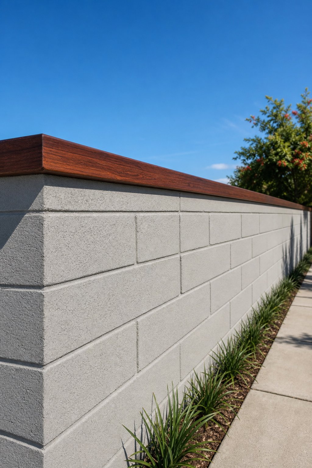 A smooth stuccoed cinder block fence topped with a polished wooden cap under a clear sky.
