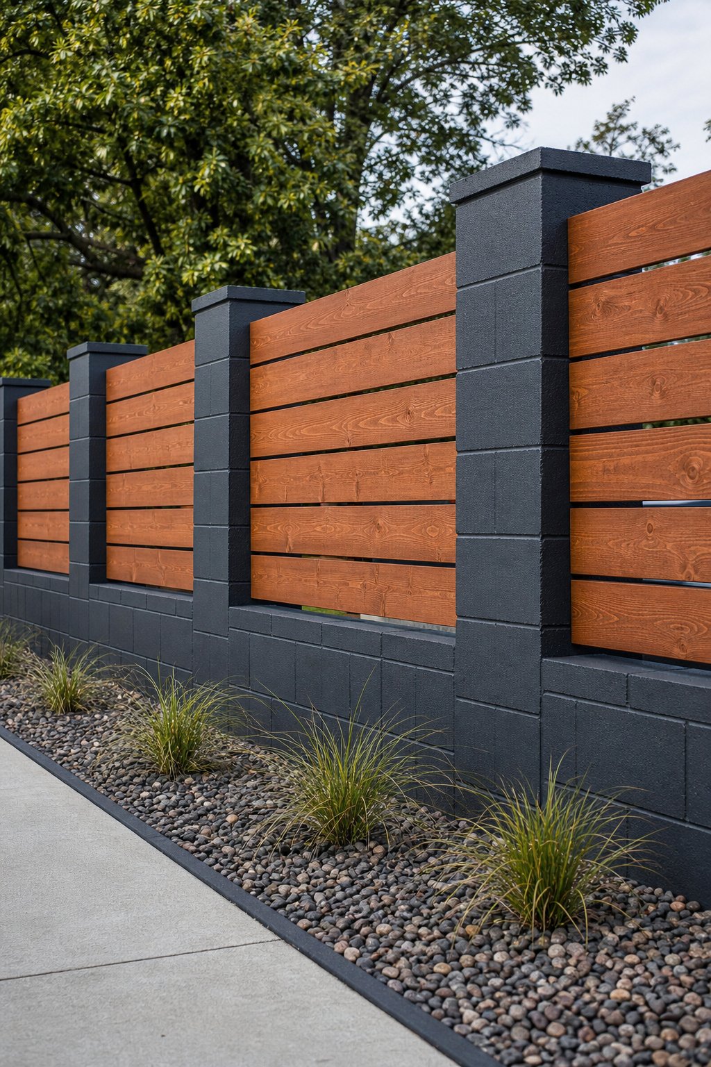 A charcoal gray cinder block fence with natural redwood panels between the blocks outdoors.