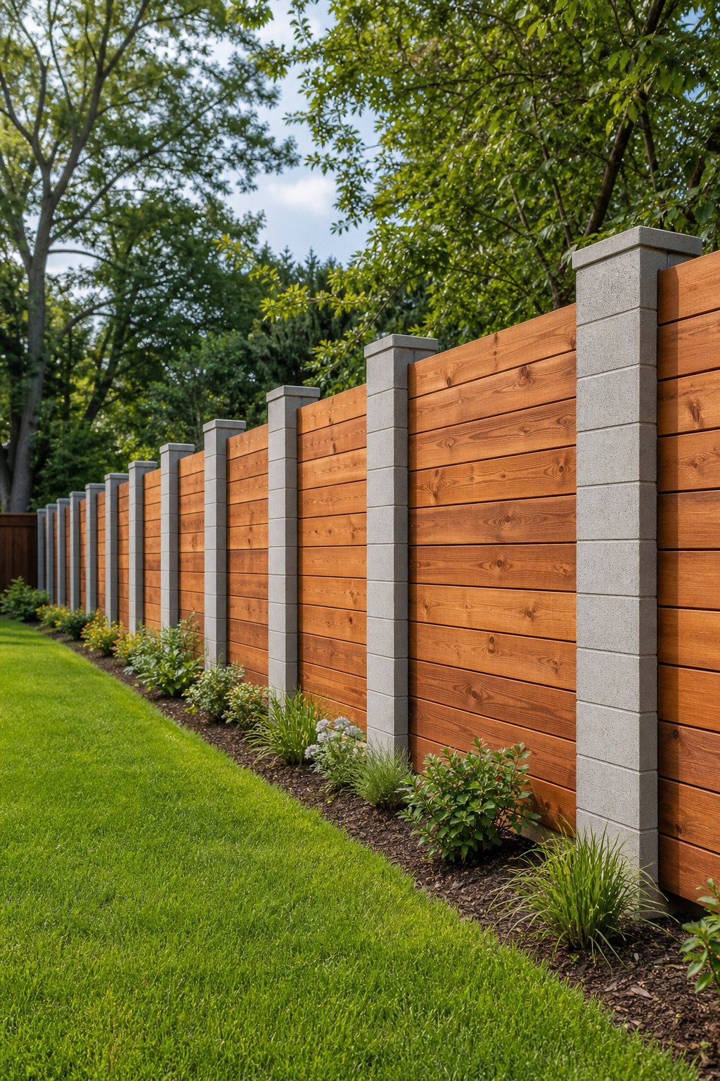 A backyard privacy fence made of tall gray cinder block piers with horizontal cedar wood boards between them, surrounded by green grass and plants.