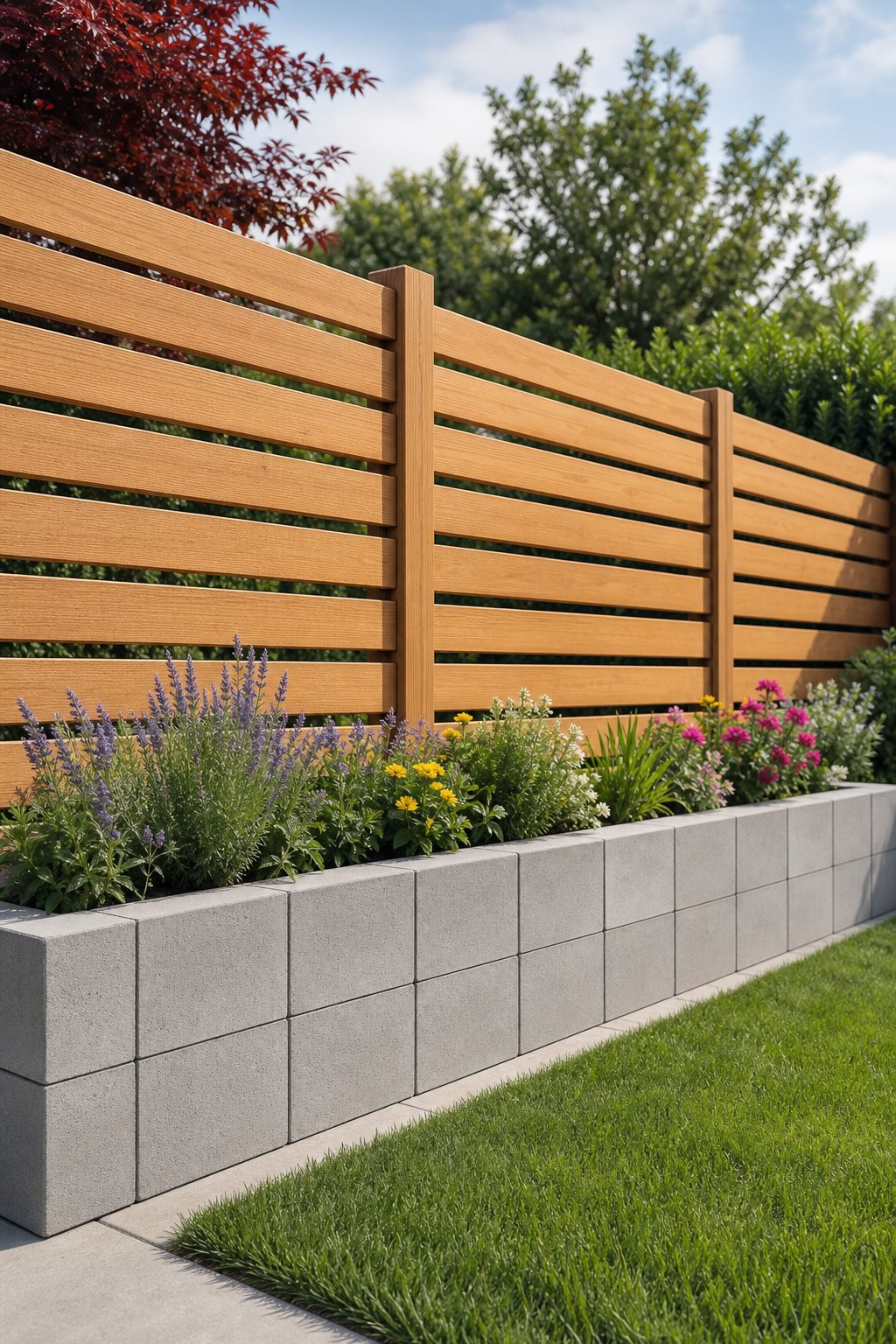 A garden fence with a concrete block planter base and horizontal wooden slats above it, surrounded by green plants and flowers.