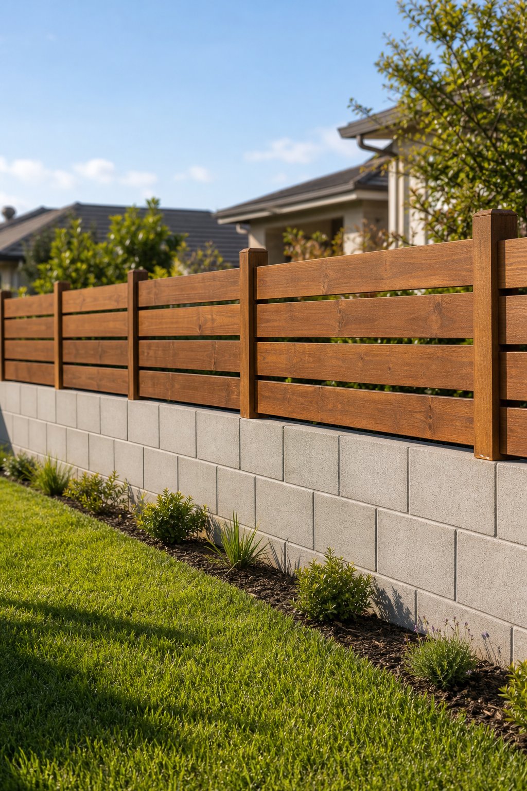 Front yard fence made of low cinder block wall topped with warm wooden planks, with grass and plants nearby.