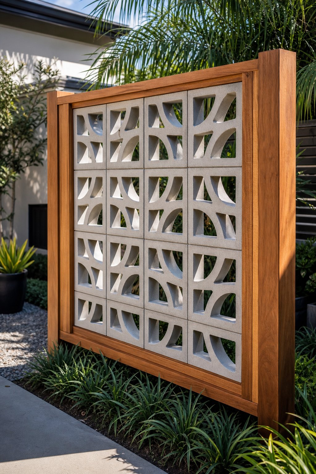 A courtyard fence made of breeze blocks with teak wood framing surrounded by a garden.