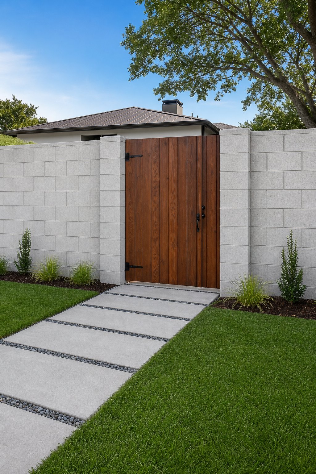 A modern entry fence with gray cinder block walls and a matching brown cedar wood gate in a residential yard.