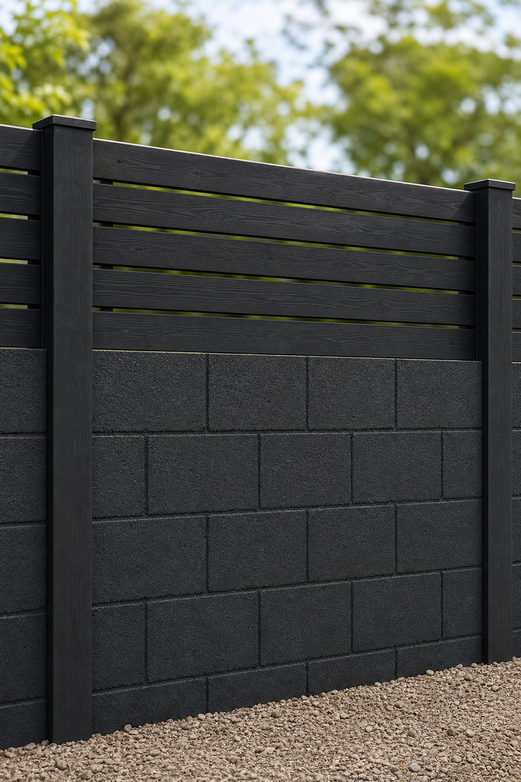 A black cinder block fence with black-stained wood panels arranged horizontally.