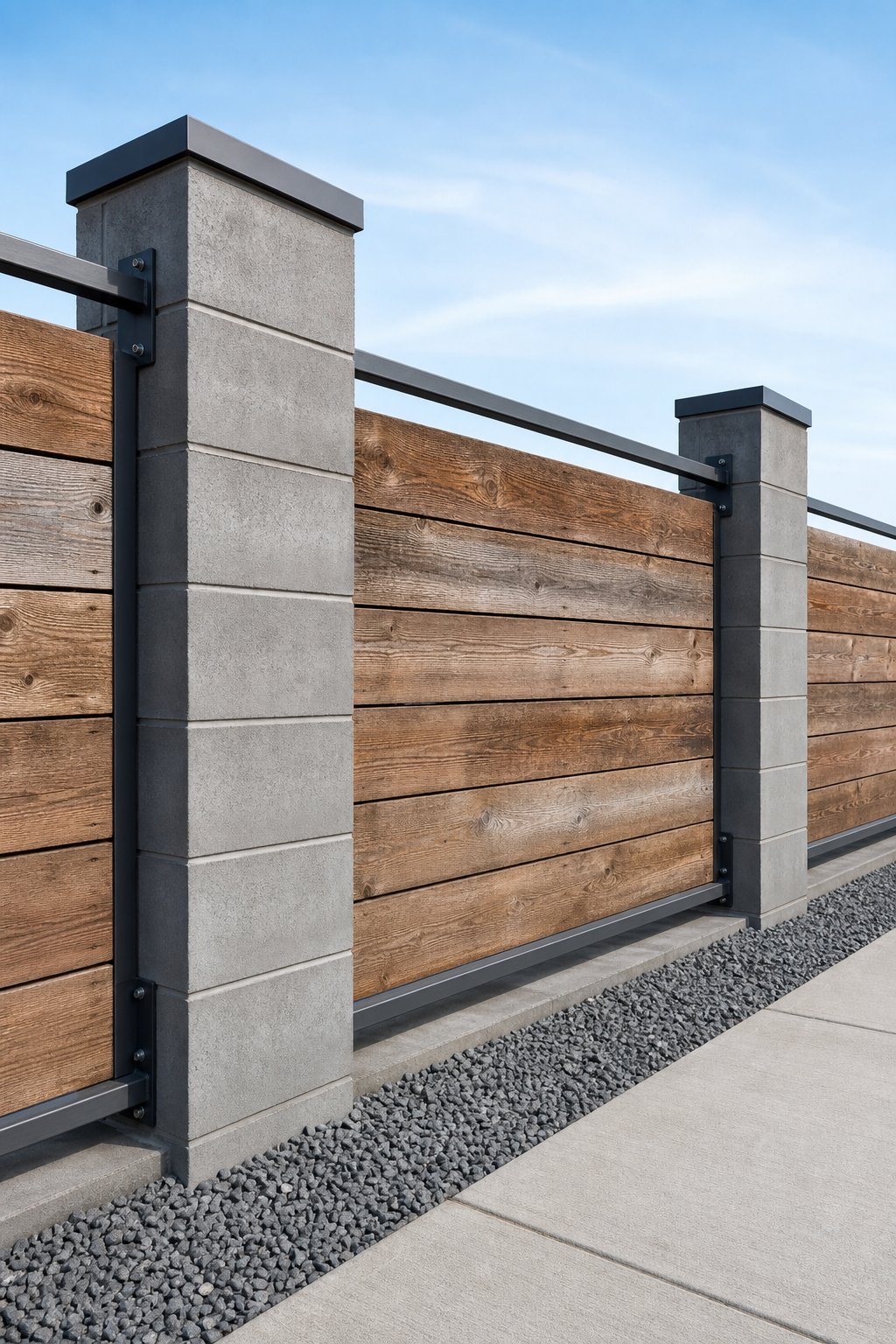 A sturdy fence made of gray concrete blocks, steel bars, and wooden panels outdoors.