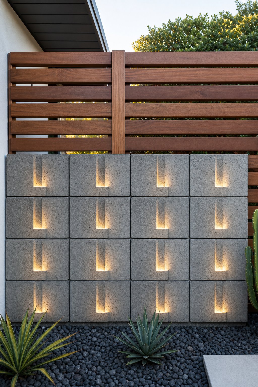 A cinder block fence with attached walnut-tone wooden screens illuminated by LED lights.