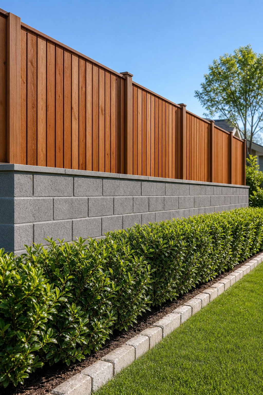 A retaining wall with a cinder block base, green hedge plants in front, and a wooden privacy fence on top.