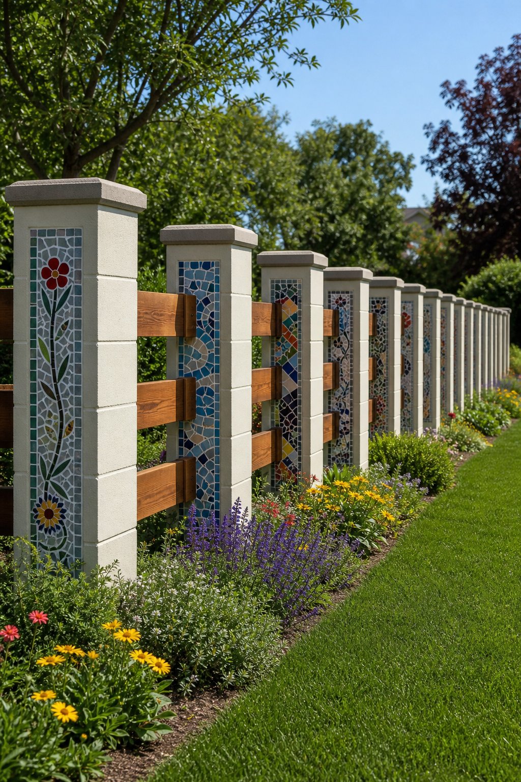 A garden fence made of painted cinder block piers with mosaic designs and horizontal cedar wood rails surrounded by greenery and flowers.