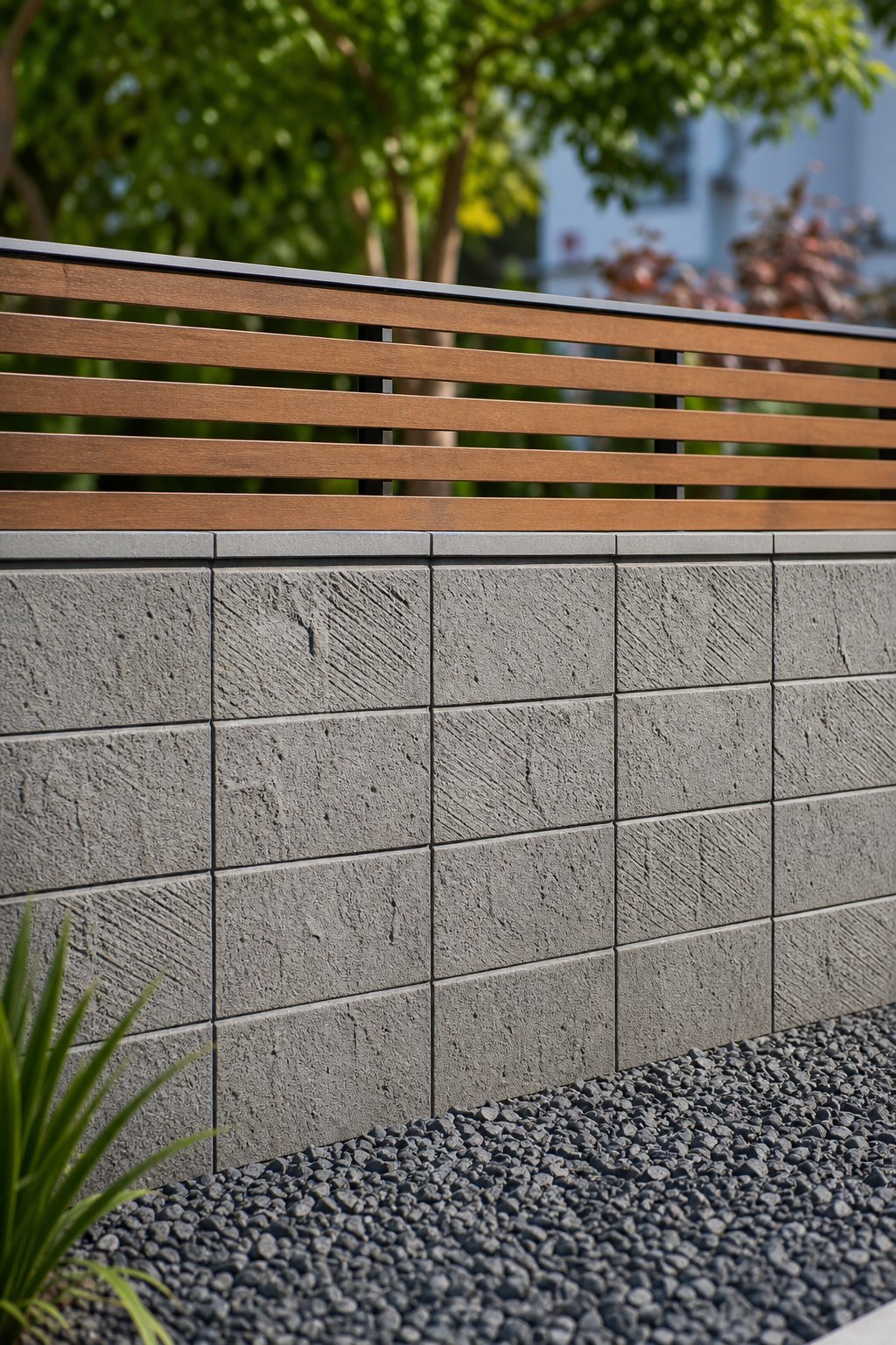 A close-up view of a cinder block fence with slim horizontal wooden battens on top.