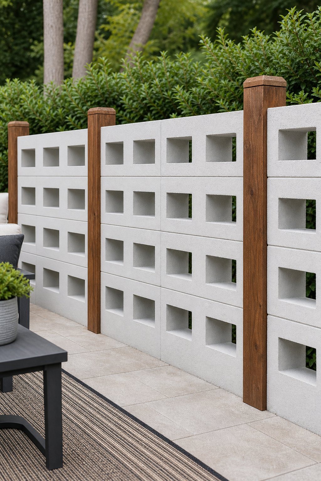 A patio divider made of painted cinder blocks and stained wooden posts in a backyard setting.