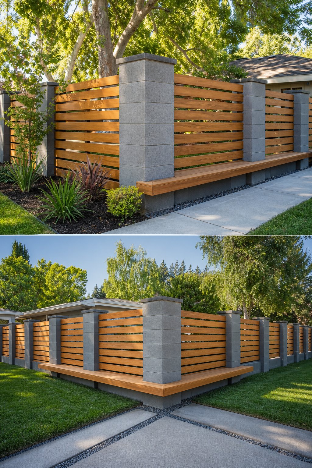 A corner fence made of cinder block columns and horizontal wooden slats with a built-in wooden bench in an outdoor garden setting.