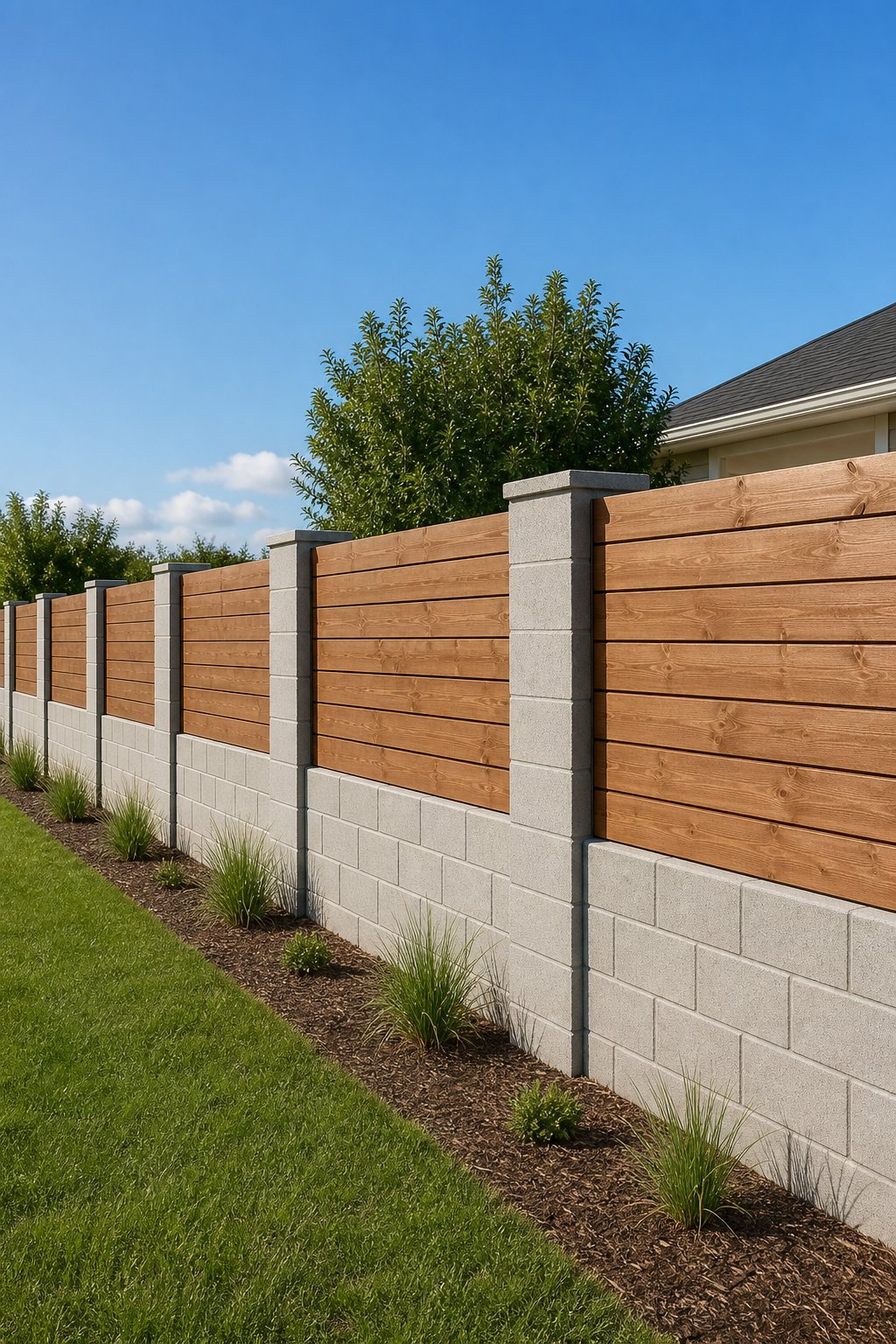 A sturdy fence made of gray cinder blocks with horizontal wooden panels on top, set outdoors with grass and shrubs nearby.