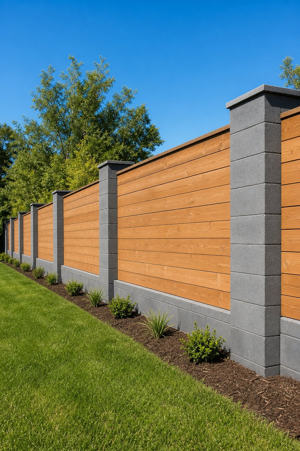 A 16-foot fence made of grey cinder blocks and horizontal wooden panels with grass and plants at its base under a clear sky.