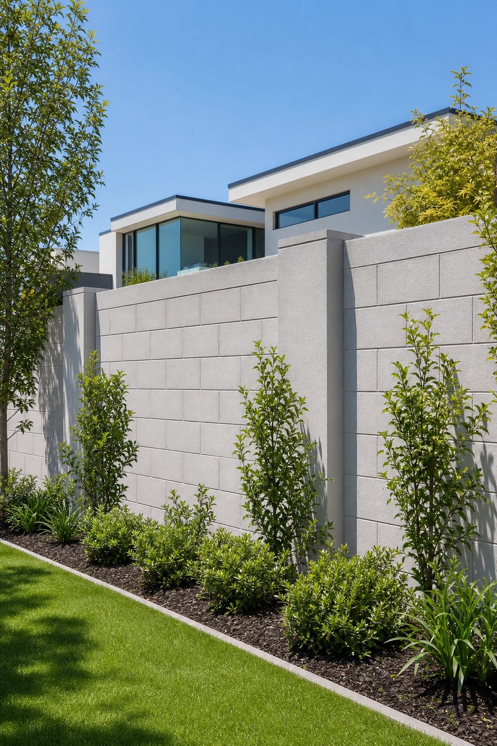 A smooth stucco cinder block privacy wall in a residential backyard with green plants and a modern house in the background.