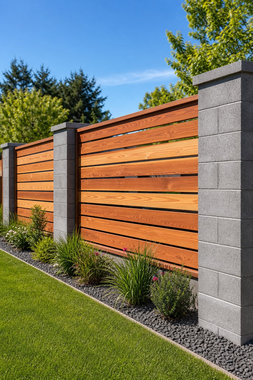 A backyard fence made of horizontal cedar wood slats and gray cinder blocks with green plants nearby and a clear sky above.