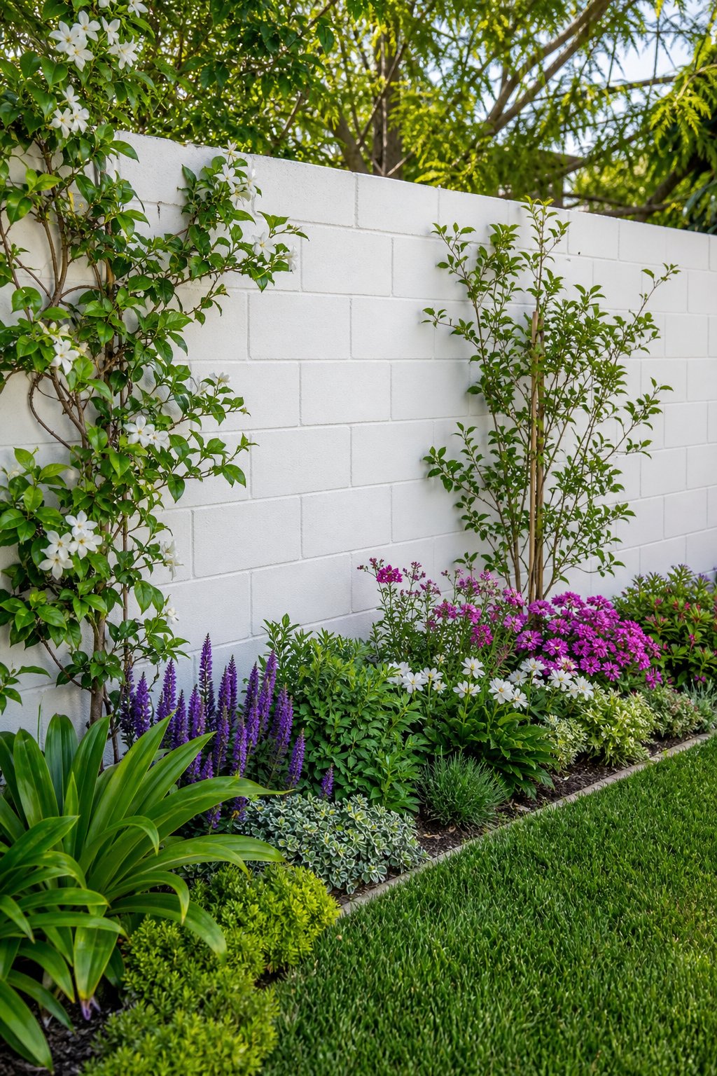 A garden with a white cinder block fence surrounded by green plants and colorful flowers.