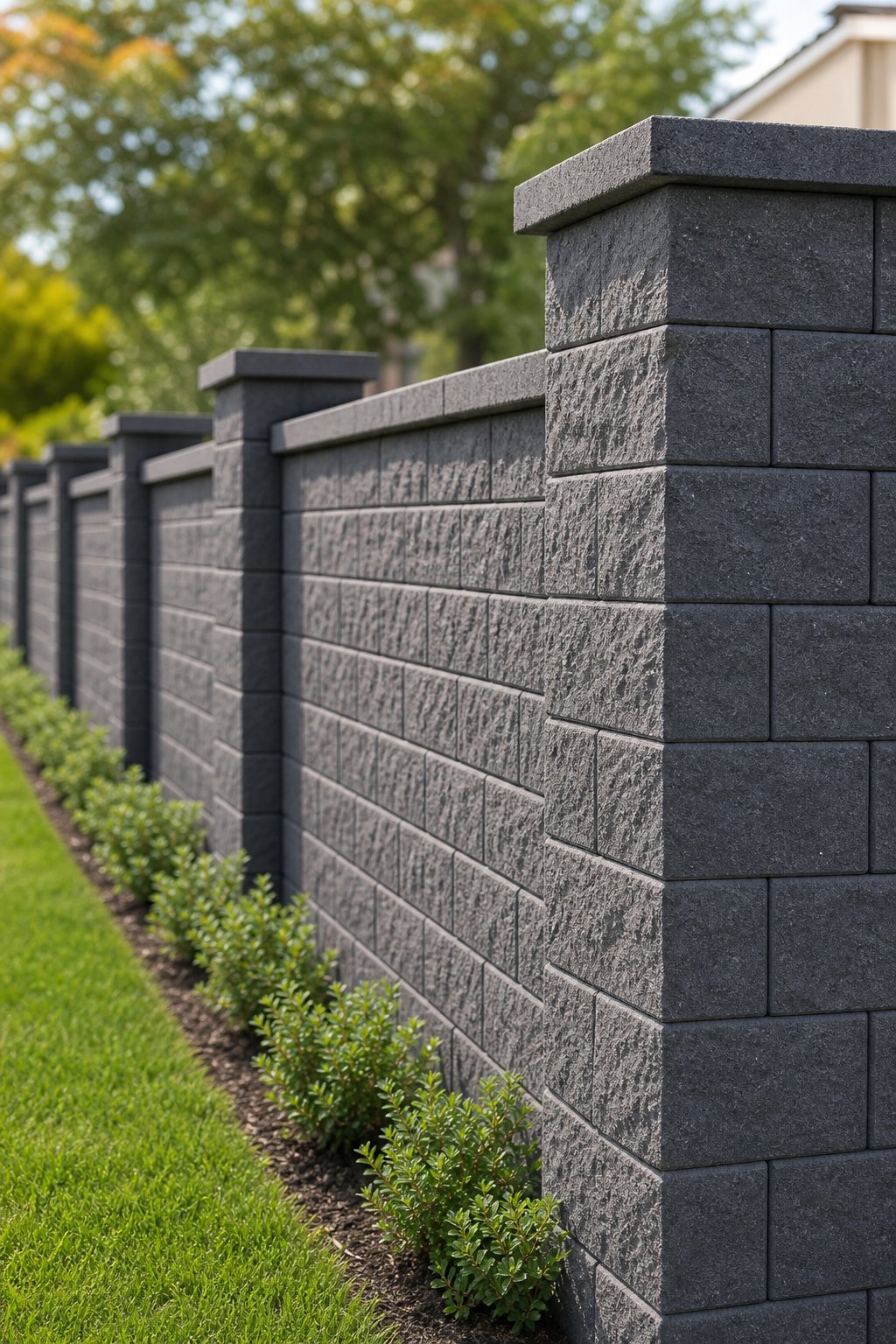 A charcoal gray split-face cinder block perimeter fence running along a green yard on a sunny day.