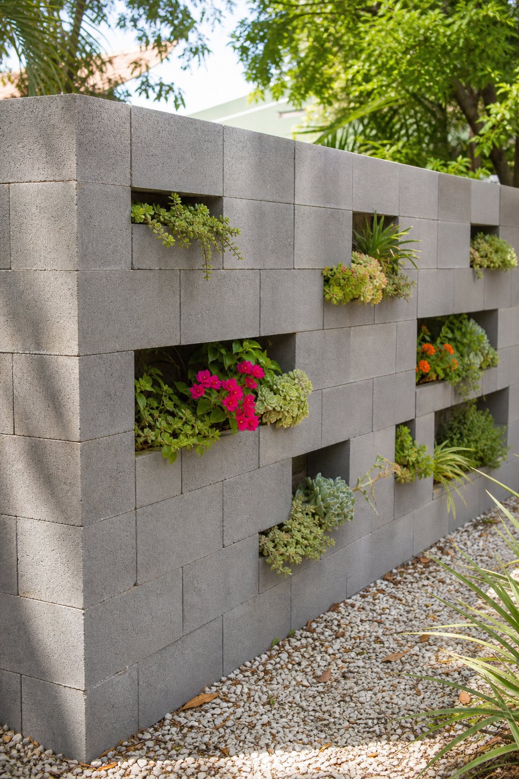 A cinder block fence with built-in planter niches holding green plants and flowers in an outdoor garden setting.