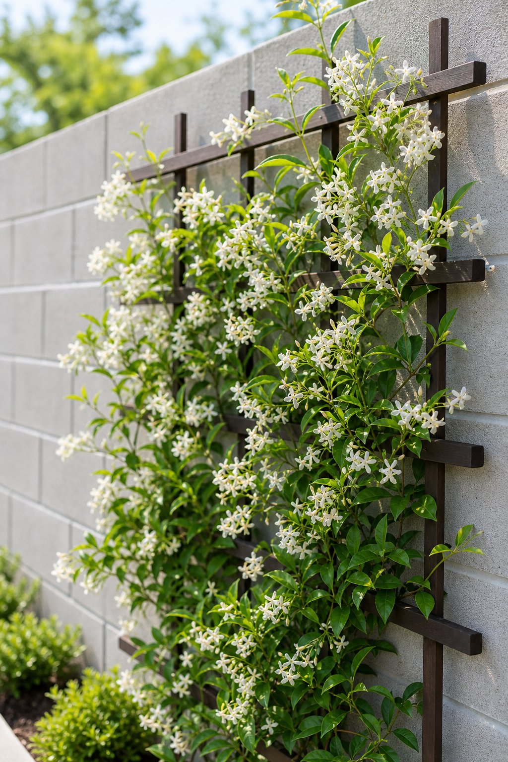Climbing jasmine plant with white flowers growing on a trellis attached to a cinder block fence.