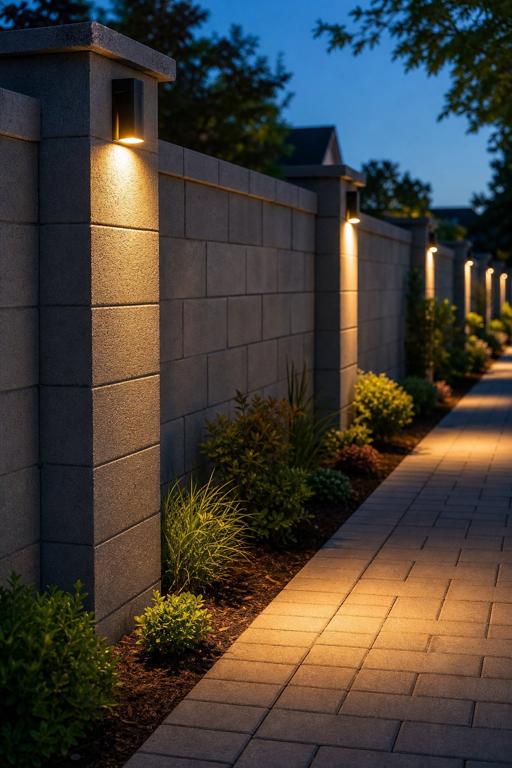 A cinder block fence with solar sconces lighting a cinder block path bordered by plants in an outdoor setting.