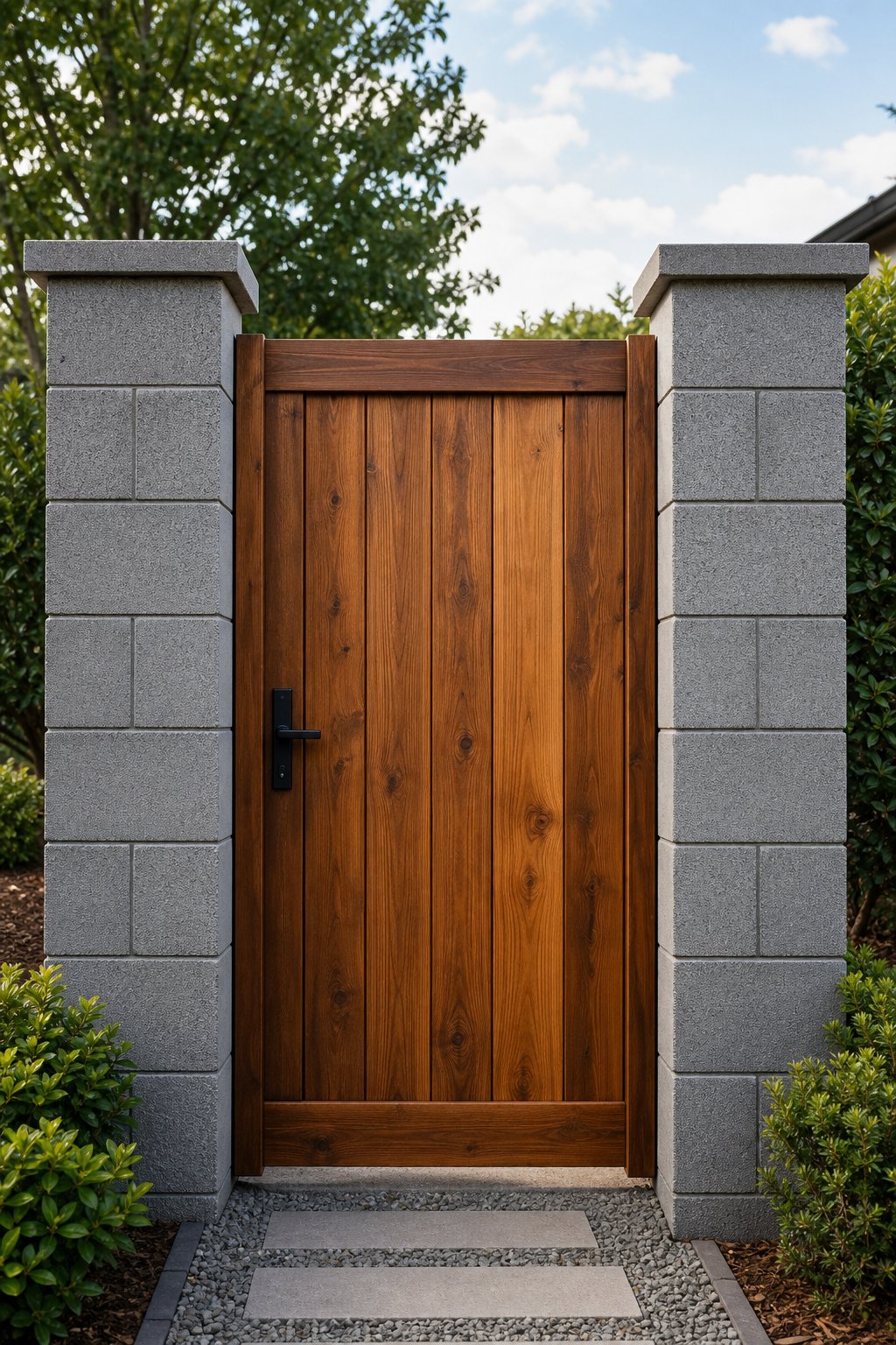 Wooden gate framed by two grey cinder block columns with greenery in the background.