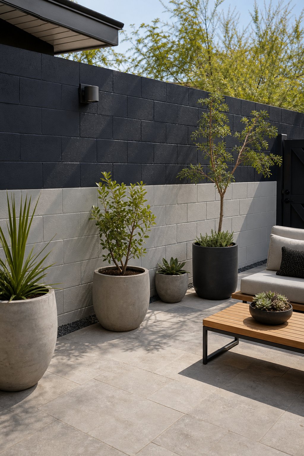 A courtyard with a two-tone painted cinder block fence, plants, and outdoor seating.