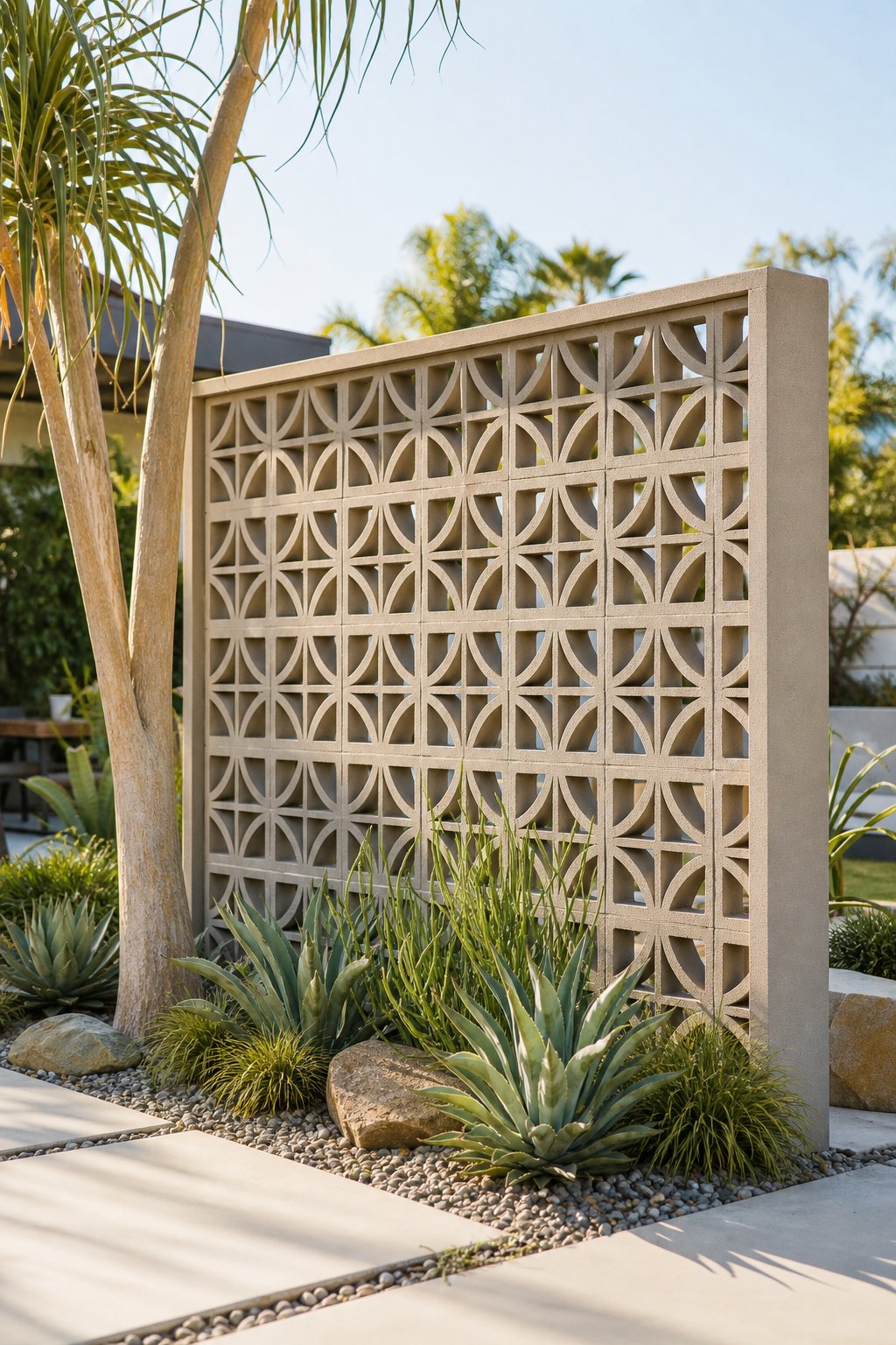 A decorative breeze block fence panel with geometric patterns in a sunny garden setting surrounded by green plants.