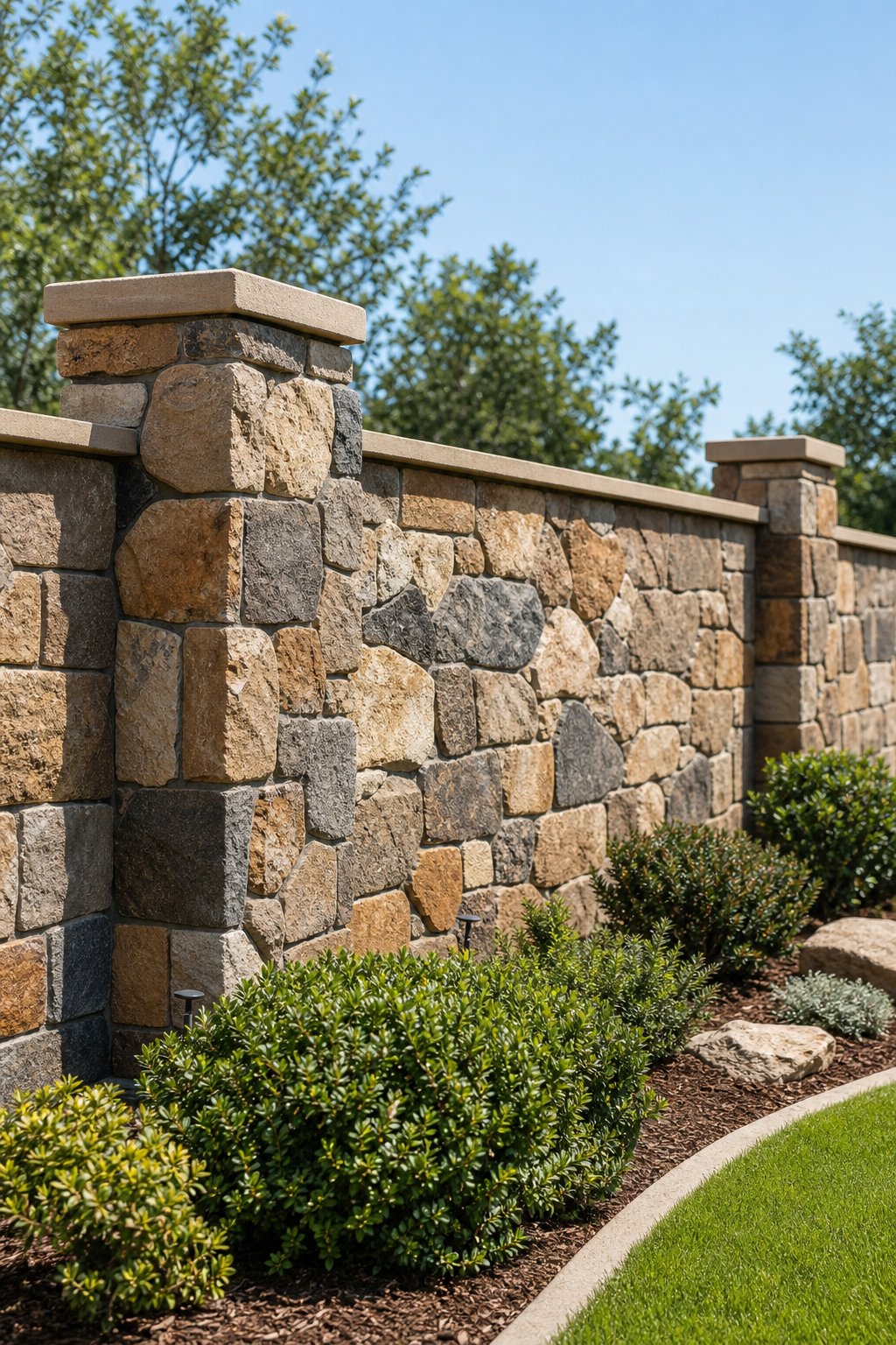 A cinder block fence covered with natural stone veneer surrounded by green shrubs under a clear blue sky.