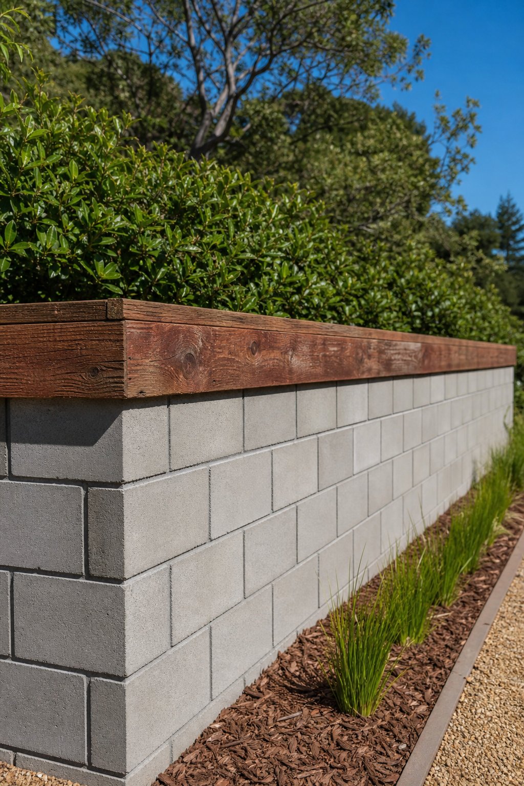A cinder block fence topped with a reclaimed redwood cap rail in an outdoor garden setting.