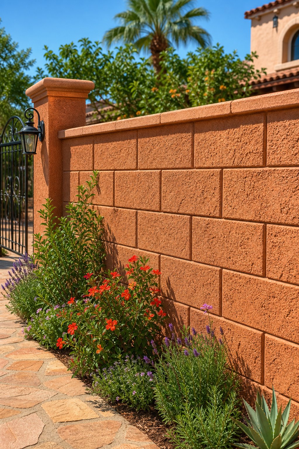 A terracotta-colored stucco garden wall made of cinder blocks surrounded by green plants and flowers under a clear blue sky.