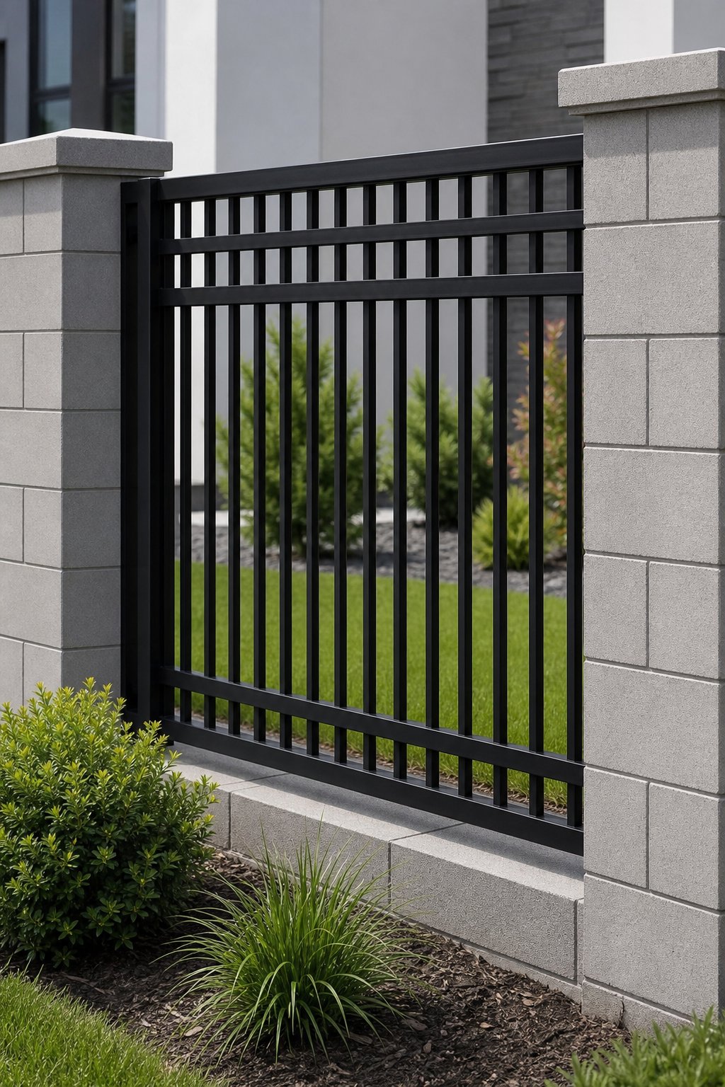 A black metal fence between grey cinder block piers with green grass and shrubs in the background.