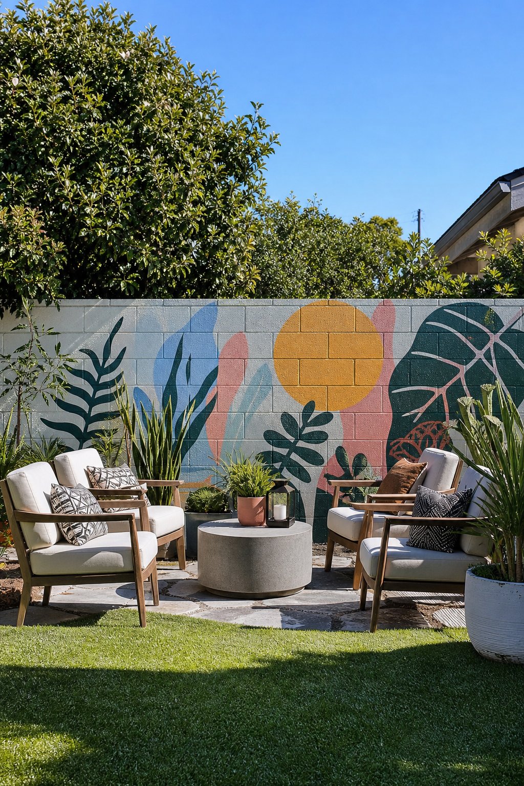 Backyard lounge area with a colorful mural on a cinder block fence, comfortable seating, and plants.