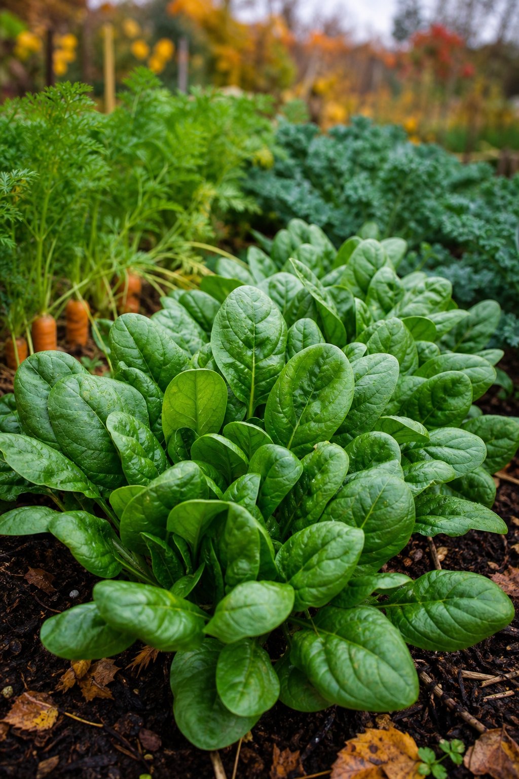 Fresh green spinach plants growing in a fall garden bed with soil and other vegetables in the background.