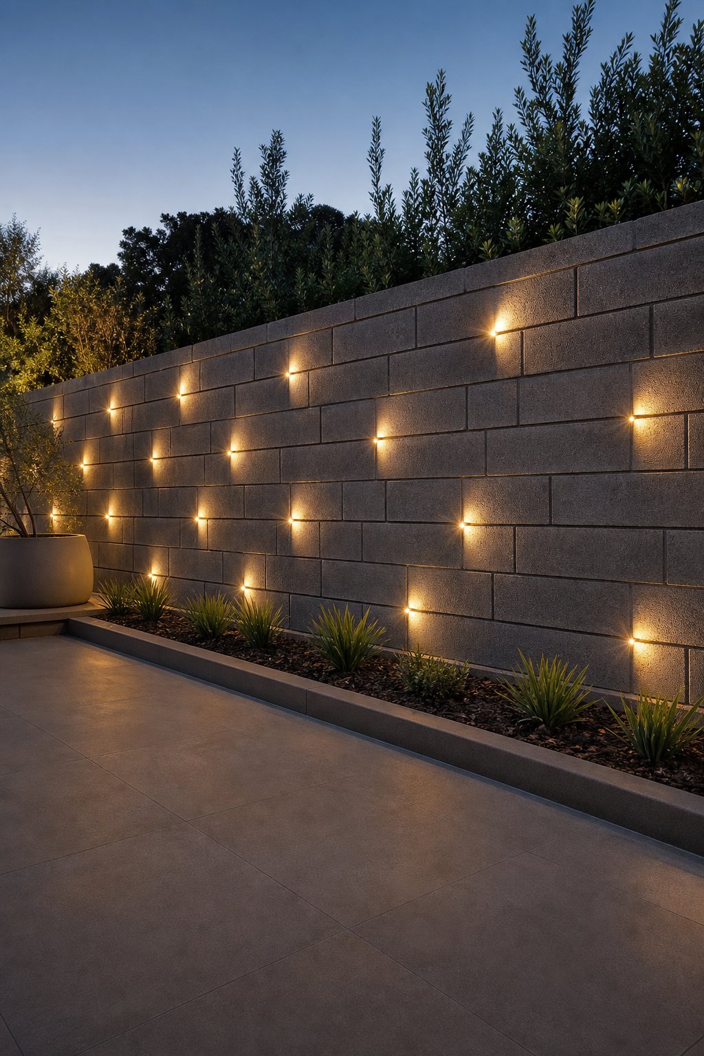 A cinder block feature wall with embedded LED pin-lights glowing softly, set outdoors with greenery nearby.
