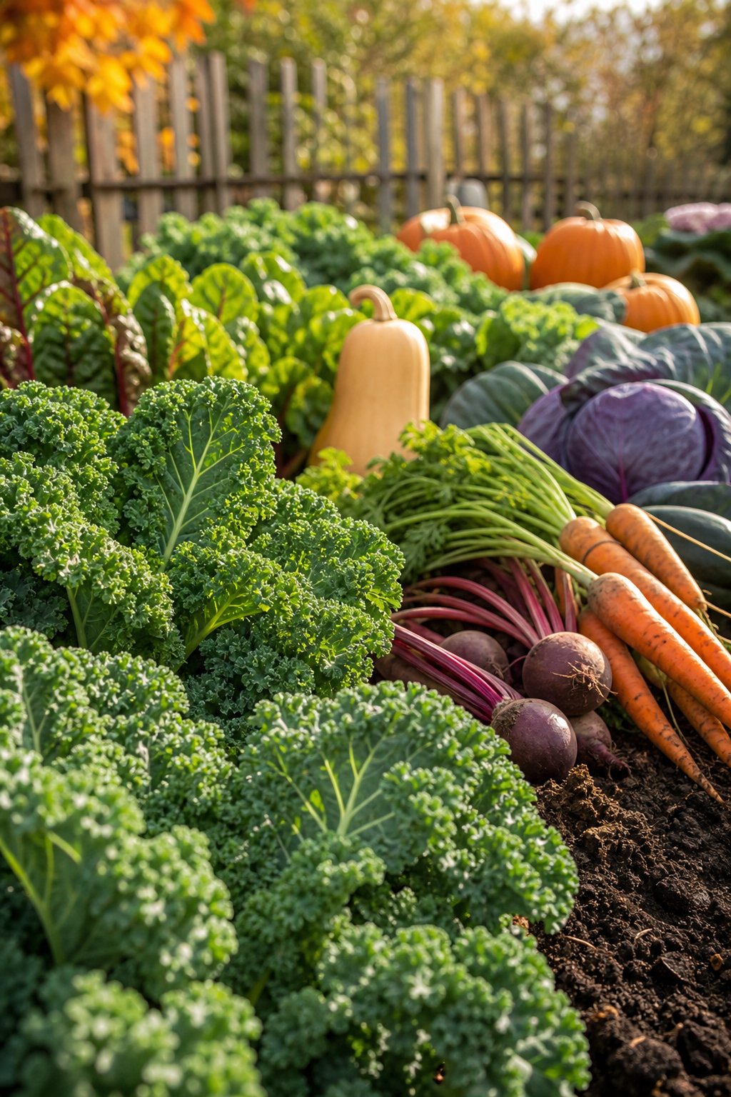 A fall garden with fresh kale and various other colorful vegetables growing in soil.
