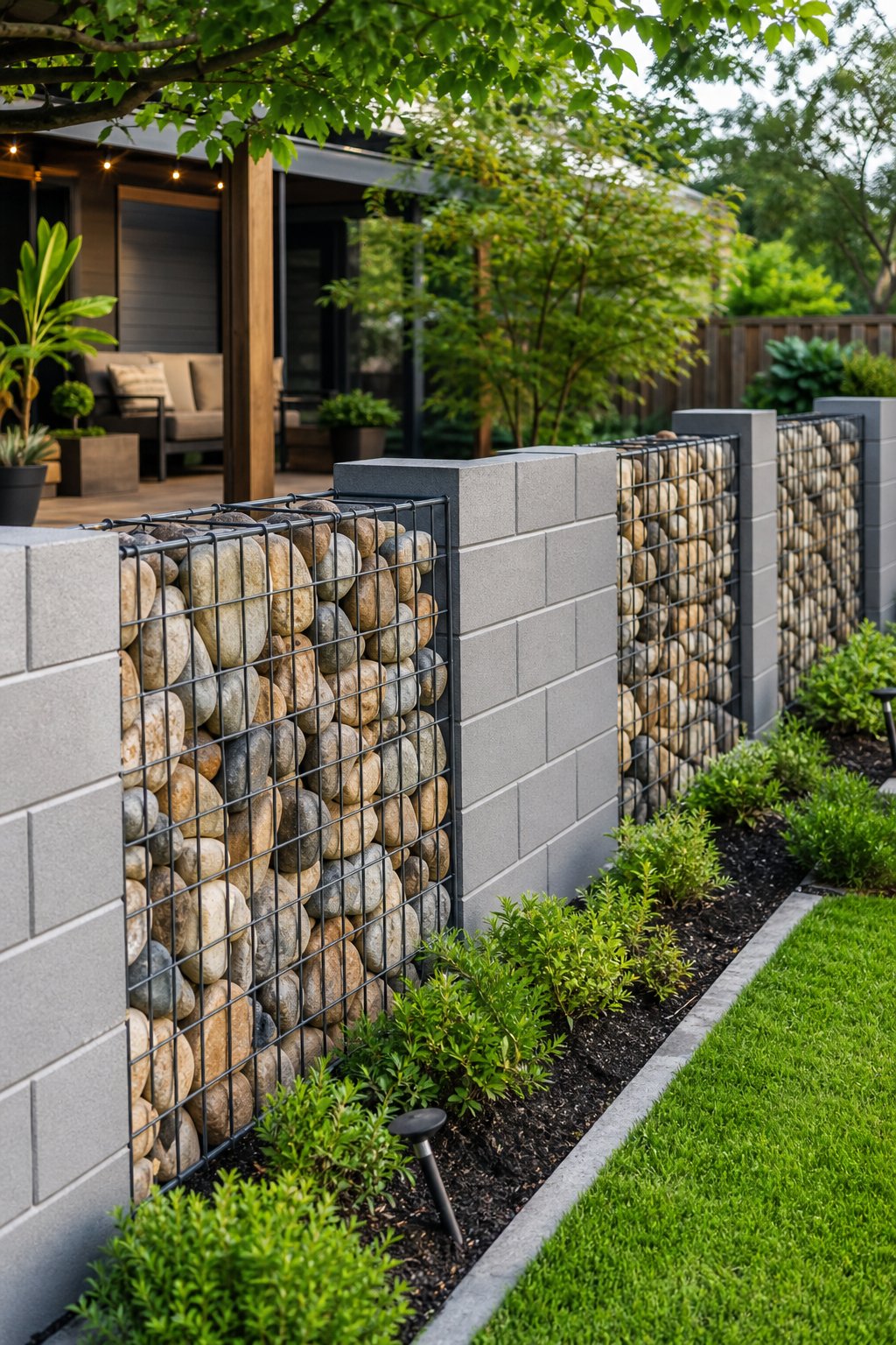 A backyard fence made of wire cages filled with stones and sections of cinder blocks, surrounded by green plants and grass.