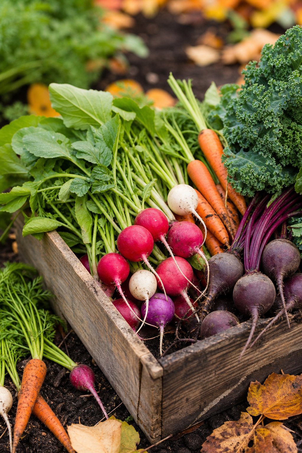 A crate filled with fresh radishes and other fall garden vegetables outdoors with autumn leaves and soil in the background.