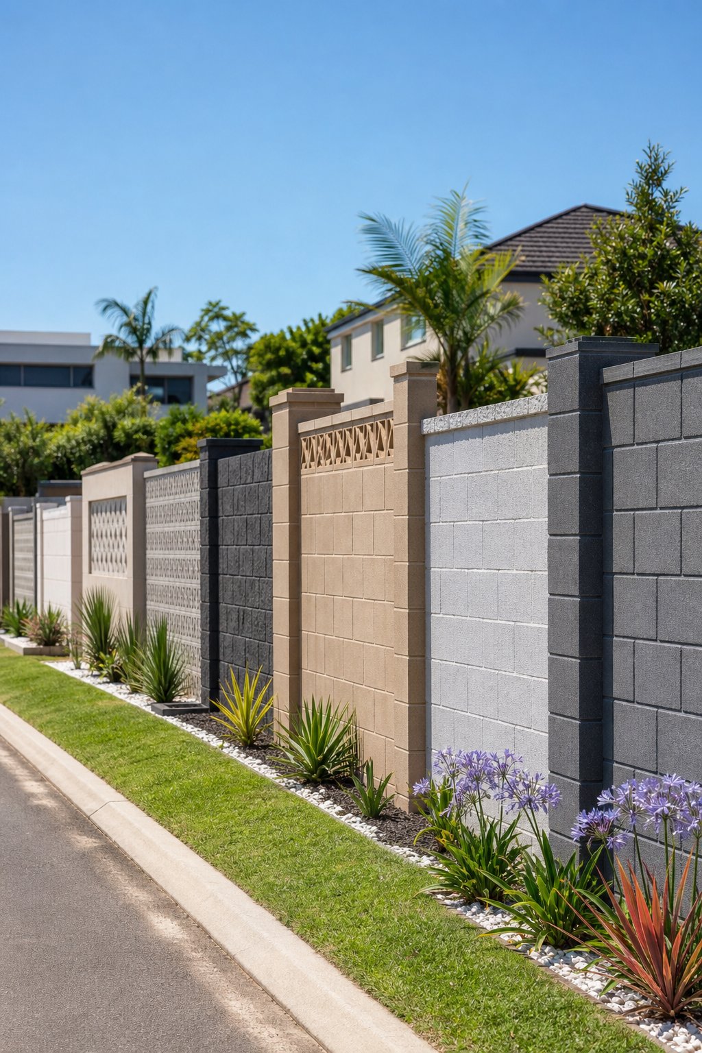 Outdoor scene showing several different cinder block fences along a sunny residential street with houses and plants in the background.