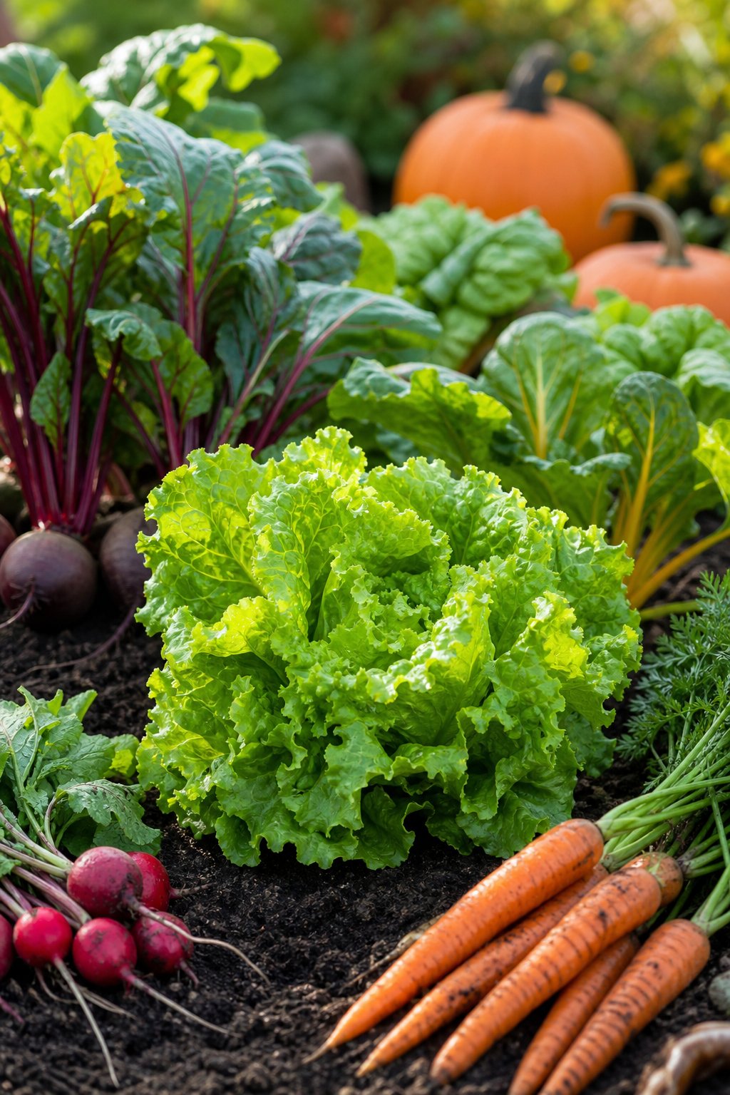 Fresh green lettuce growing in a fall garden bed surrounded by various colorful vegetables like carrots, beets, radishes, and pumpkins.