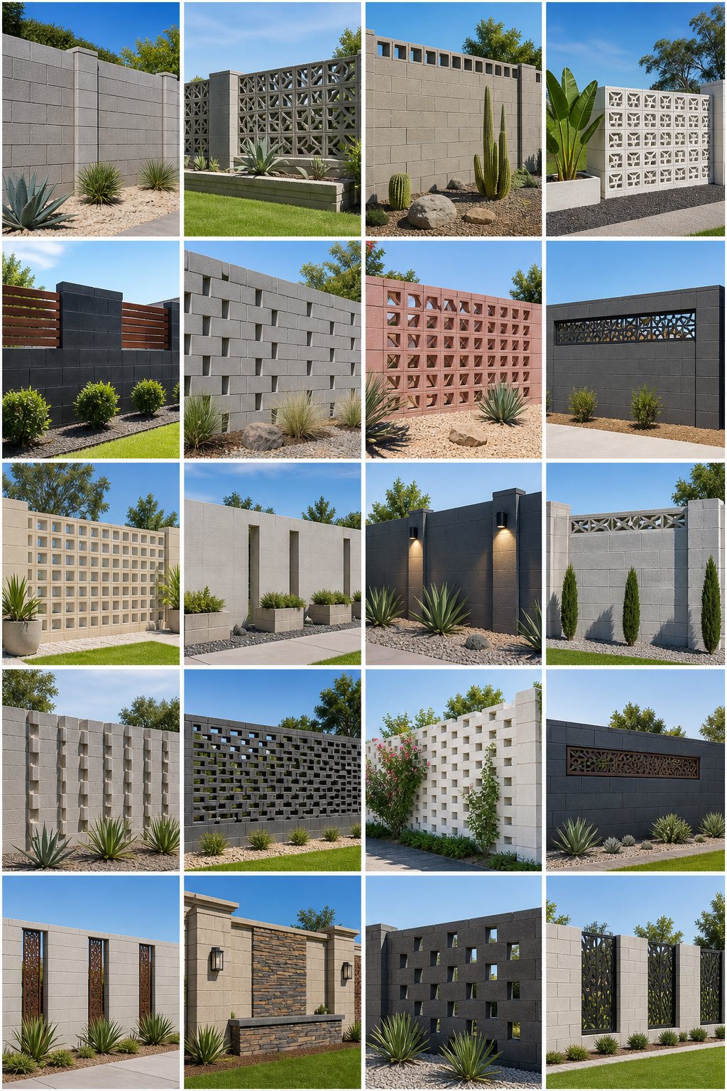 A variety of cinder block fences in different styles displayed outdoors with a garden and clear sky background.
